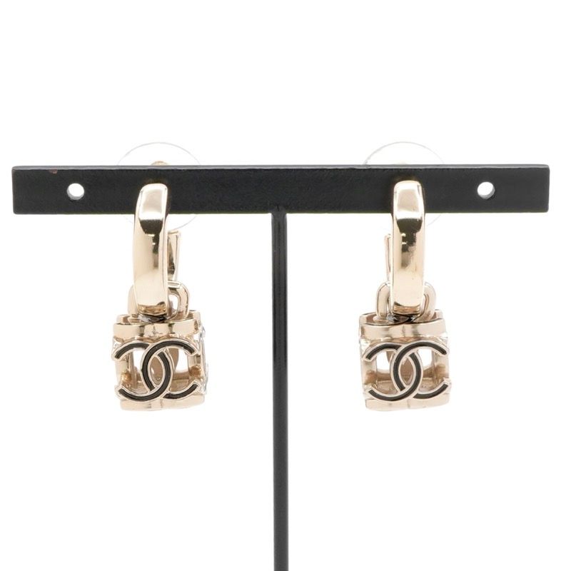 Chanel Earrings Earring Gold Black Coco Mark Cube Hoop