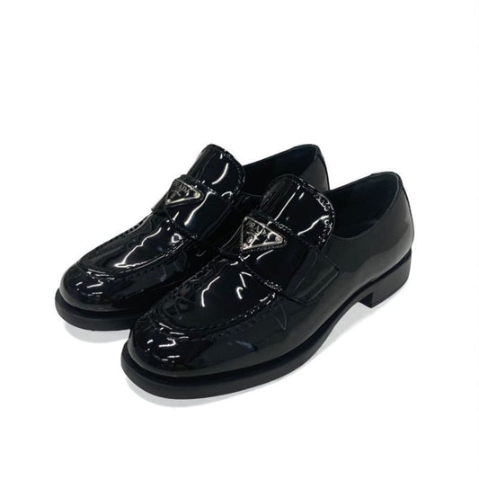 Prada Loafer Leather Shoes Patent Black Silver Triangle Logo