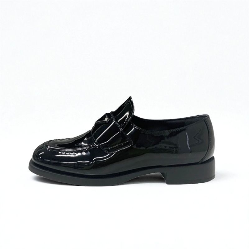 Prada Loafer Leather Shoes Patent Black Silver Triangle Logo