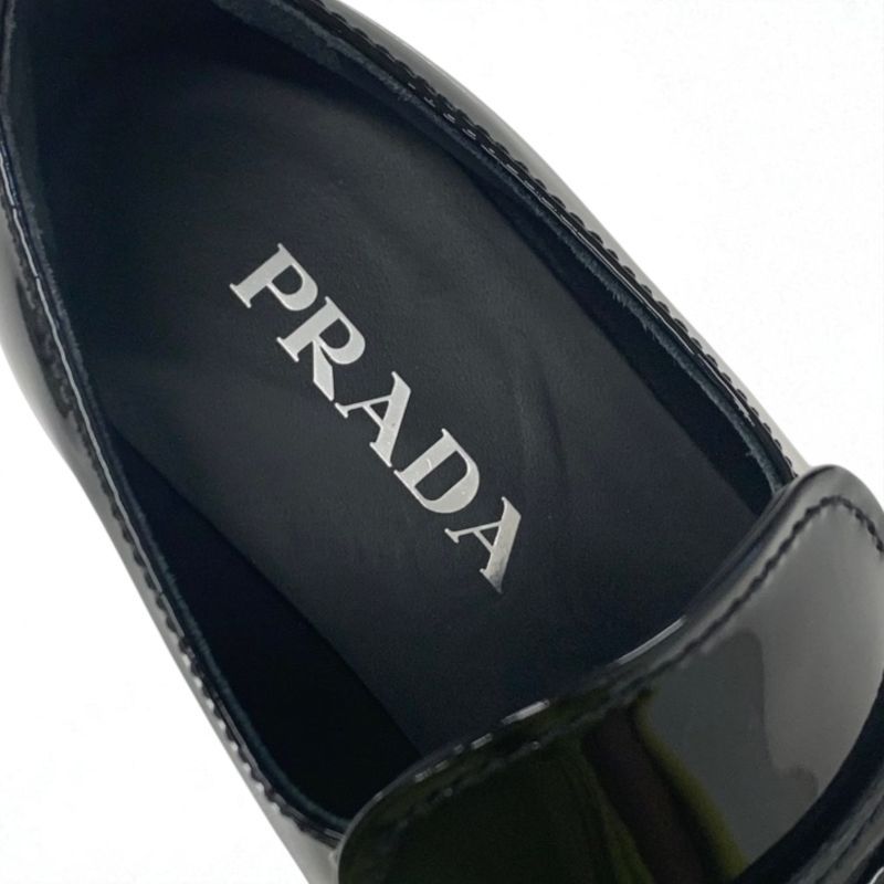 Prada Loafer Leather Shoes Patent Black Silver Triangle Logo