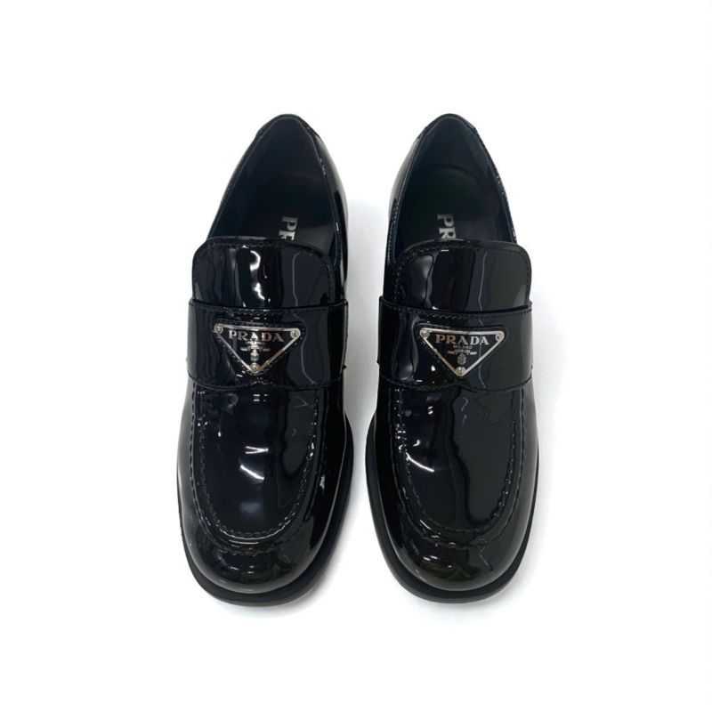 Prada Loafer Leather Shoes Patent Black Silver Triangle Logo