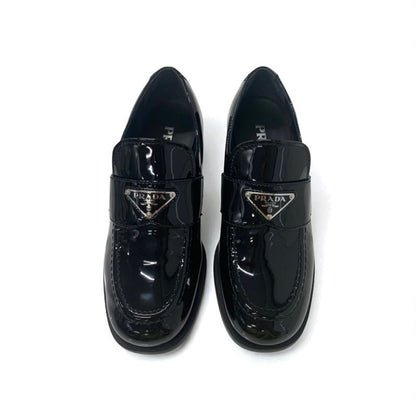 Prada Loafer Leather Shoes Patent Black Silver Triangle Logo