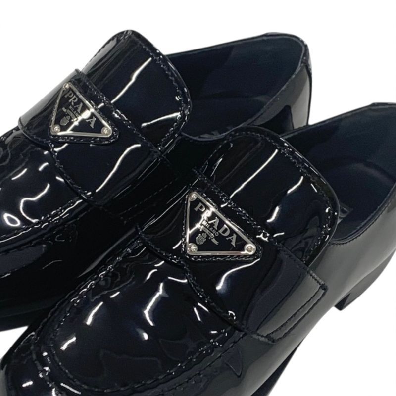 Prada Loafer Leather Shoes Patent Black Silver Triangle Logo