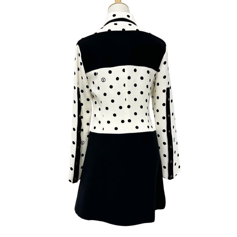 Louis Vuitton Dress Silk Black White Logo Dot Pattern Collar