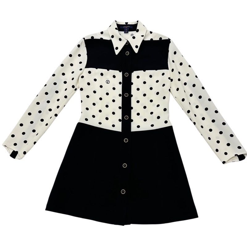 Louis Vuitton Dress Silk Black White Logo Dot Pattern Collar