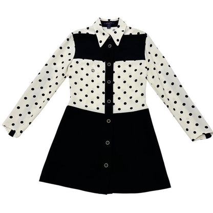 Louis Vuitton Dress Silk Black White Logo Dot Pattern Collar