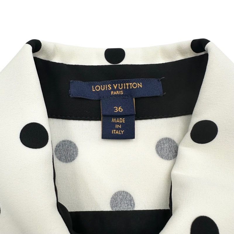 Louis Vuitton Dress Silk Black White Logo Dot Pattern Collar