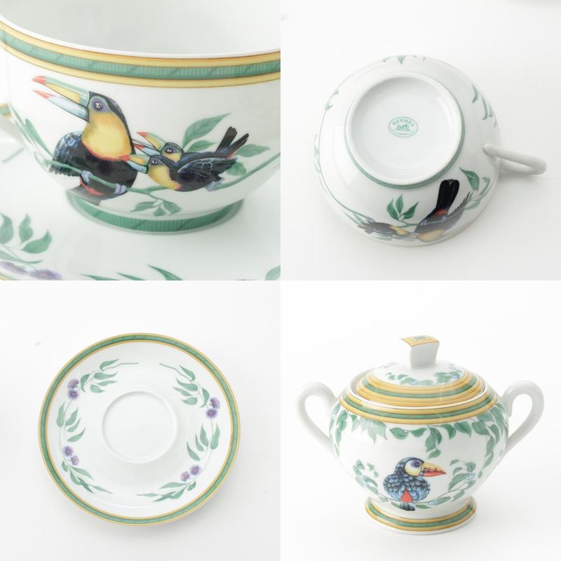Hermes Toucan Teacups Saucers Pots Trays Dishes Cups Set of 6 White