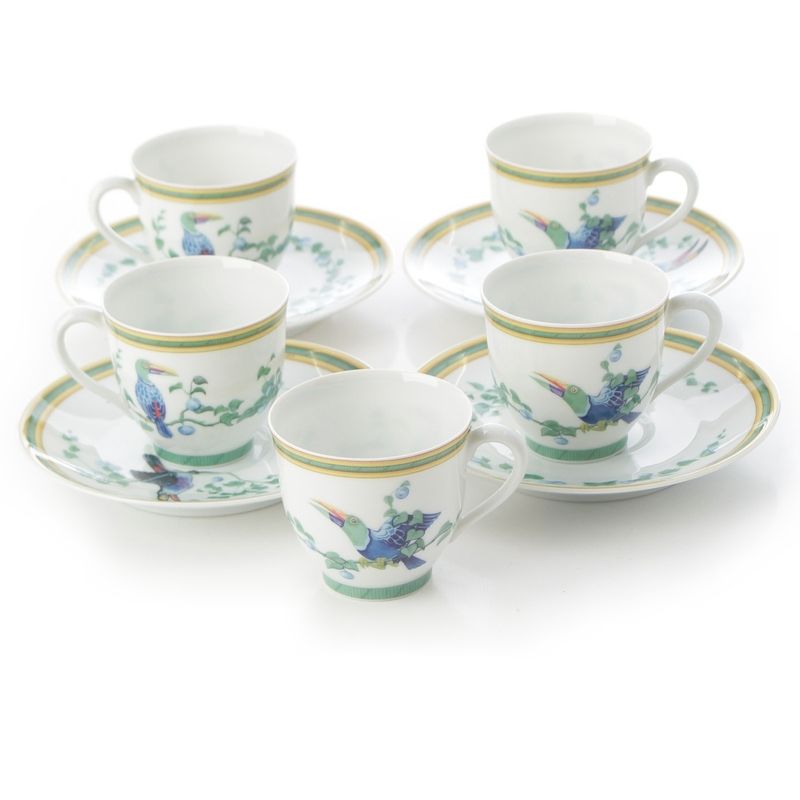 Hermes Toucan Teacups Saucers Pots Trays Dishes Cups Set of 6 White