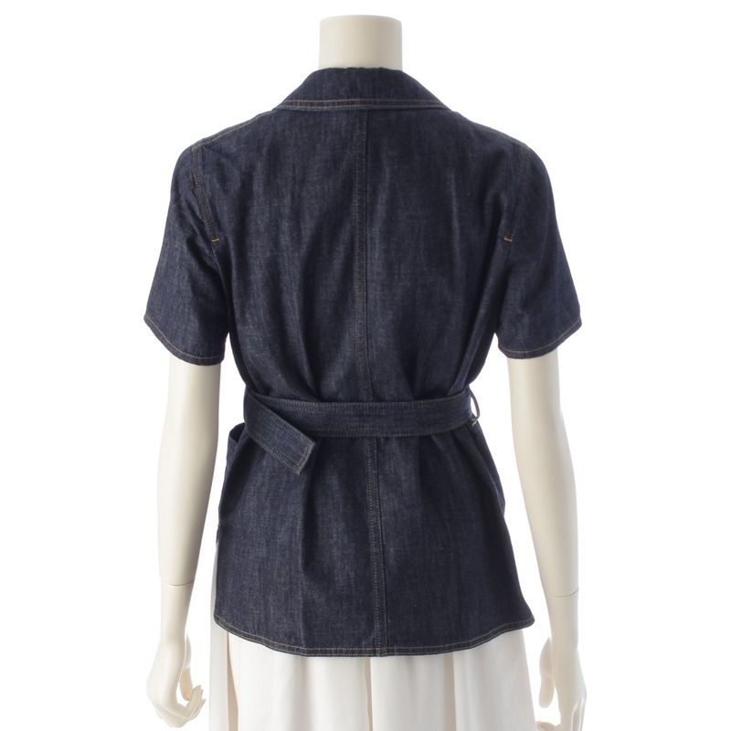 Christian Dior Cotton Bee Embroidered Belted Short Sleeve Denim Jacket Shirt