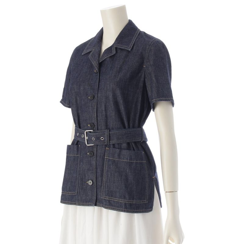 Christian Dior Cotton Bee Embroidered Belted Short Sleeve Denim Jacket Shirt