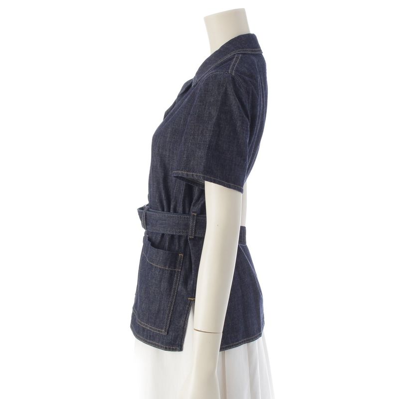 Christian Dior Cotton Bee Embroidered Belted Short Sleeve Denim Jacket Shirt