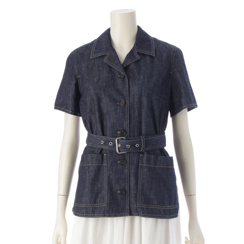 Christian Dior Cotton Bee Embroidered Belted Short Sleeve Denim Jacket Shirt