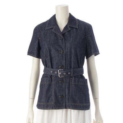 Christian Dior Cotton Bee Embroidered Belted Short Sleeve Denim Jacket Shirt