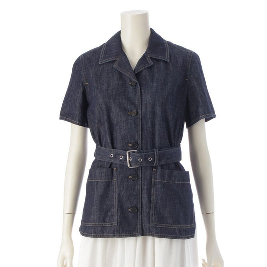 Christian Dior Cotton Bee Embroidered Belted Short Sleeve Denim Jacket Shirt