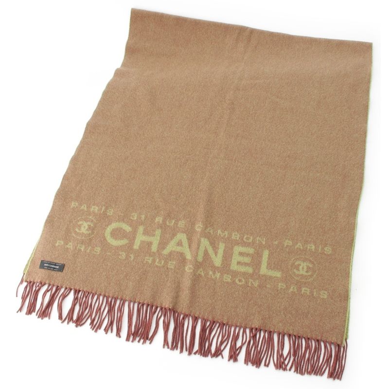 Chanel 100% Cashmere Cambon Logo Stole Shawl Scarf Brown Green