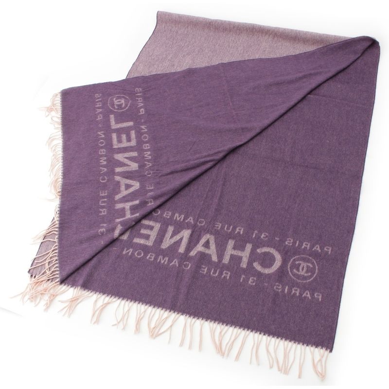Chanel Cotton Cambon Coco Mark Fringe Shawl Scarf Purple