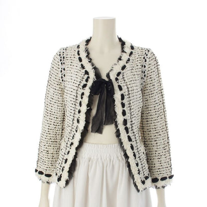 Chanel Silk Blend 05P Tweed Ribbon Collarless Jacket Outerwear P25414 White
