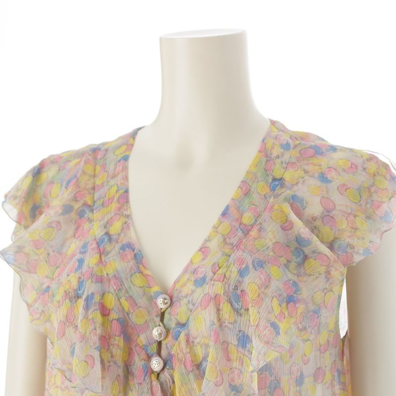 Chanel Silk Coco Mark Dot Pattern All Over Ruffle Sleeveless Shirt Blouse Top