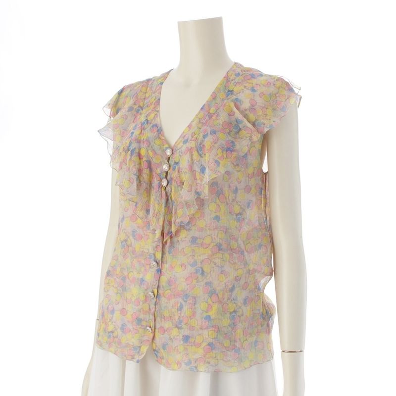 Chanel Silk Coco Mark Dot Pattern All Over Ruffle Sleeveless Shirt Blouse Top