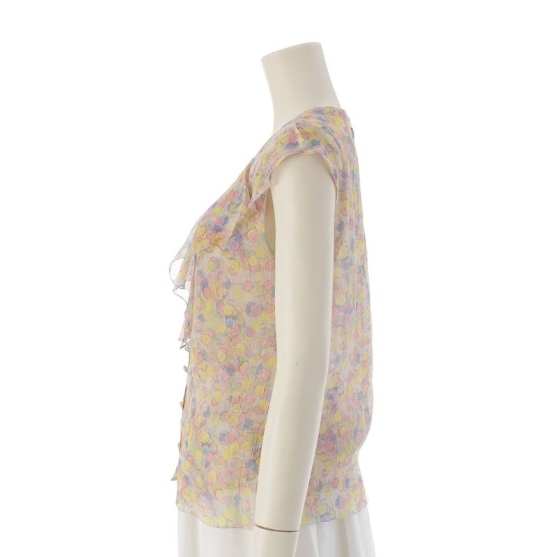 Chanel Silk Coco Mark Dot Pattern All Over Ruffle Sleeveless Shirt Blouse Top