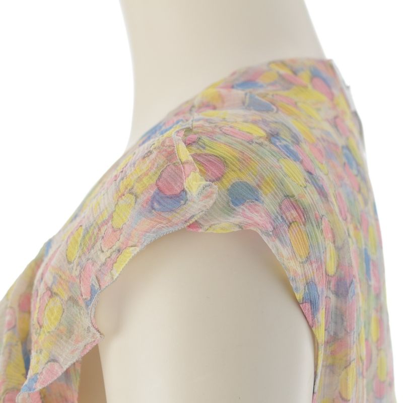 Chanel Silk Coco Mark Dot Pattern All Over Ruffle Sleeveless Shirt Blouse Top