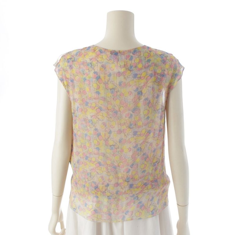 Chanel Silk Coco Mark Dot Pattern All Over Ruffle Sleeveless Shirt Blouse Top