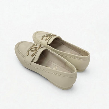 Chanel Loafer Leather Shoes Leather Beige Gold Here Mark Flat Shoes