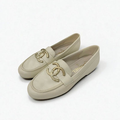 Chanel Loafer Leather Shoes Leather Beige Gold Here Mark Flat Shoes
