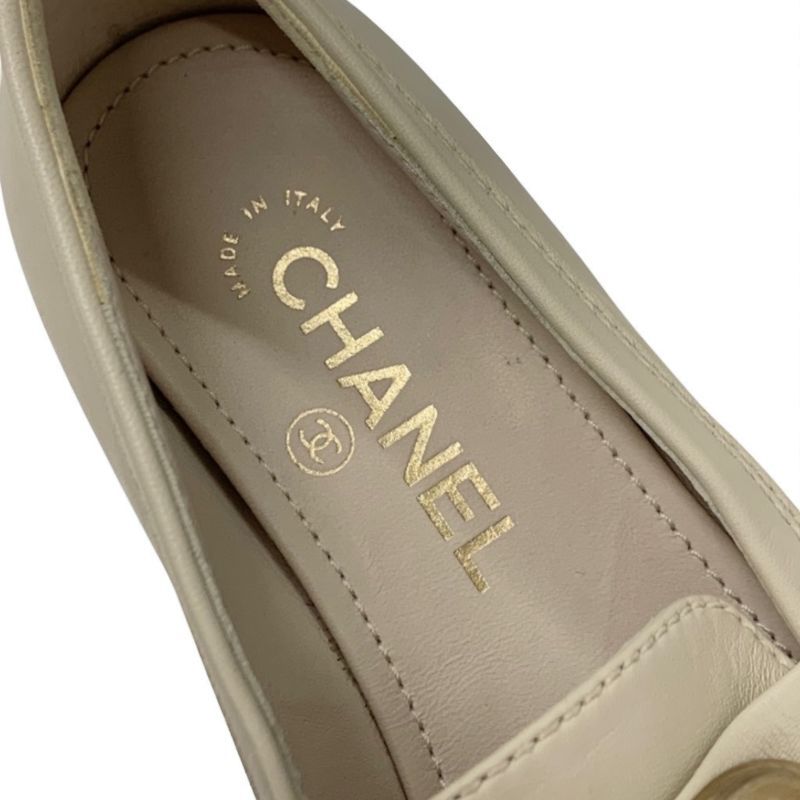 Chanel Loafer Leather Shoes Leather Beige Gold Here Mark Flat Shoes