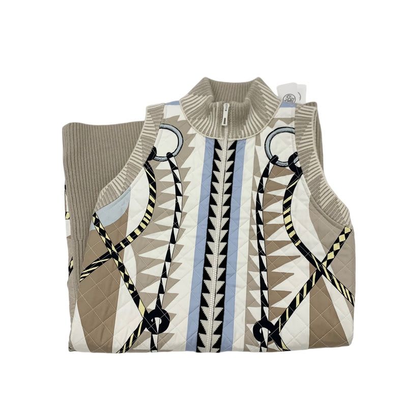 Hermes Outerwear Beige Multicolor Twill Reine Vest Quilted