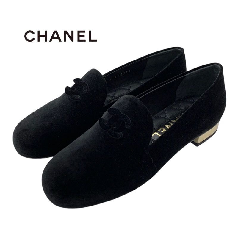 Chanel Loafers Leather Shoes Velvet Black Gold Unused Here Mark Flat Shoes