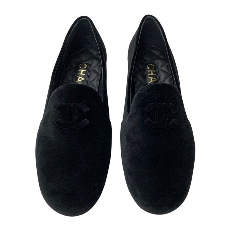 Chanel Loafers Leather Shoes Velvet Black Gold Unused Here Mark Flat Shoes