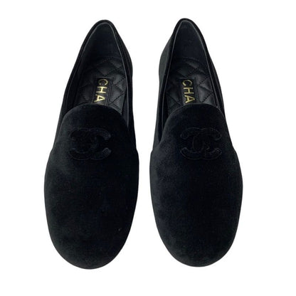 Chanel Loafers Leather Shoes Velvet Black Gold Unused Here Mark Flat Shoes