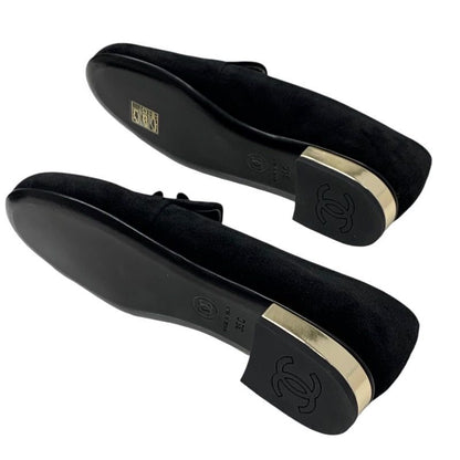 Chanel Loafers Leather Shoes Velvet Black Gold Unused Here Mark Flat Shoes