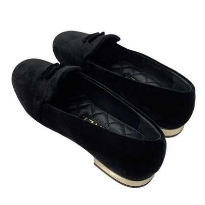 Chanel Loafers Leather Shoes Velvet Black Gold Unused Here Mark Flat Shoes