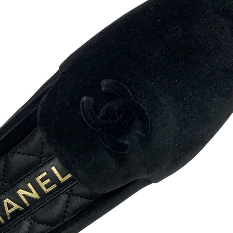 Chanel Loafers Leather Shoes Velvet Black Gold Unused Here Mark Flat Shoes