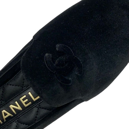 Chanel Loafers Leather Shoes Velvet Black Gold Unused Here Mark Flat Shoes