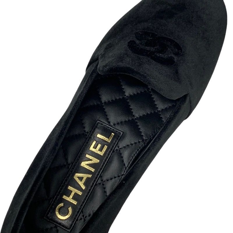 Chanel Loafers Leather Shoes Velvet Black Gold Unused Here Mark Flat Shoes
