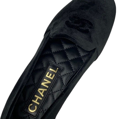 Chanel Loafers Leather Shoes Velvet Black Gold Unused Here Mark Flat Shoes