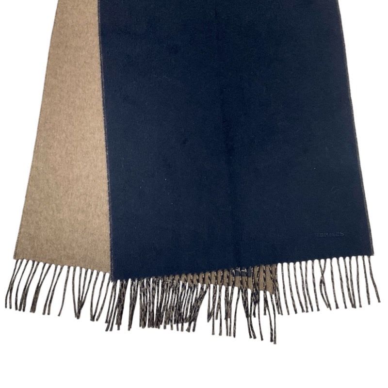 Hermes Scarf Cashmere Navy Brown Logo Double Face Shawl