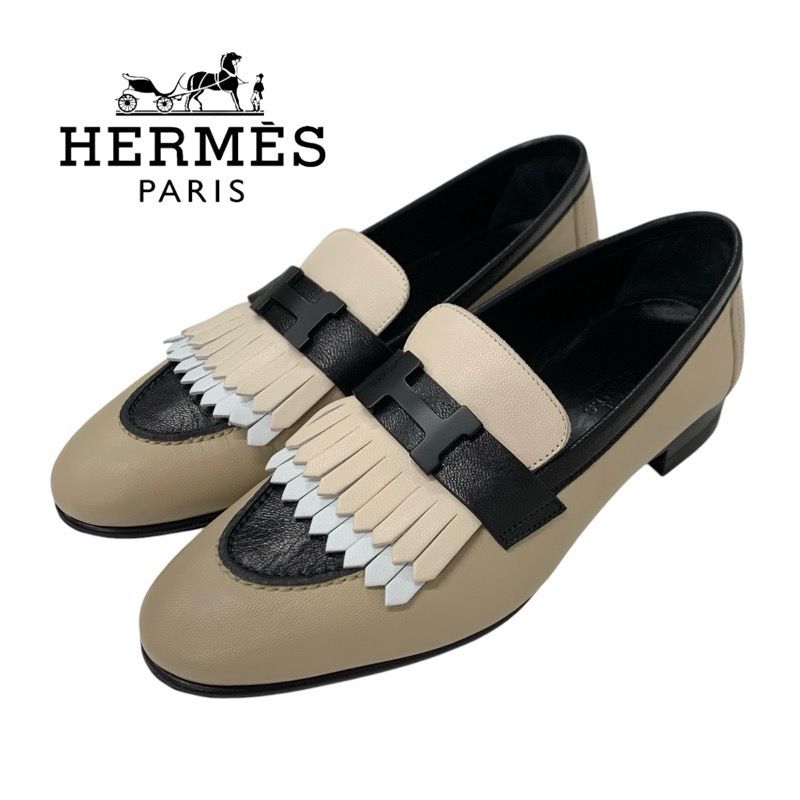 Hermes Royal Loafer Leather Shoes Leather Beige Black White Moccasin Flat Shoes