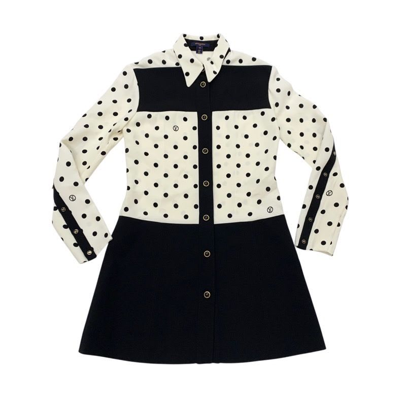 Louis Vuitton Dress Silk Black White Logo Dot Pattern Collar
