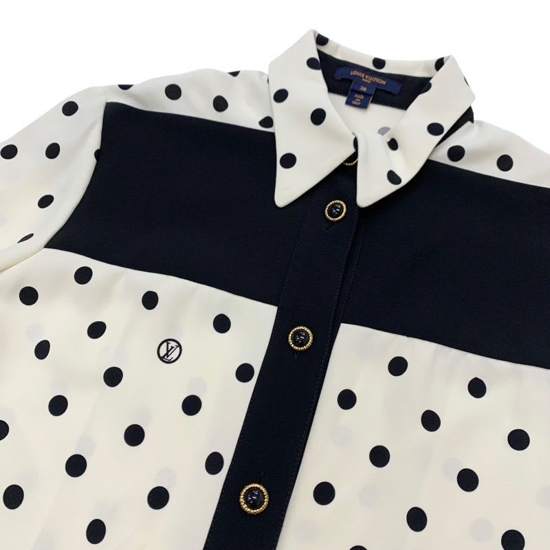 Louis Vuitton Dress Silk Black White Logo Dot Pattern Collar