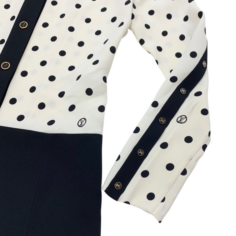 Louis Vuitton Dress Silk Black White Logo Dot Pattern Collar