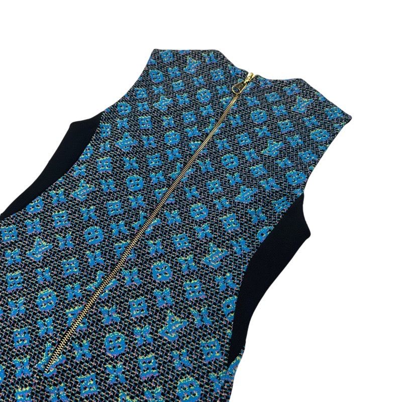 Louis Vuitton Monogram Dress Silk Blue Sleeveless