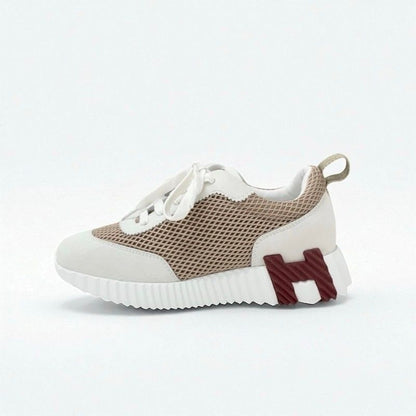 Hermes Bouncing Sneakers Shoes Fabric Suede Beige White