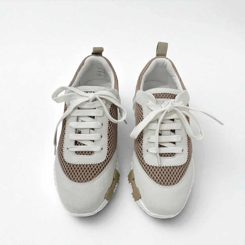 Hermes Bouncing Sneakers Shoes Fabric Suede Beige White