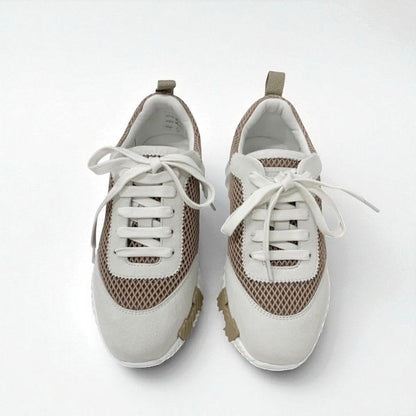 Hermes Bouncing Sneakers Shoes Fabric Suede Beige White