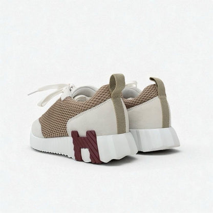 Hermes Bouncing Sneakers Shoes Fabric Suede Beige White